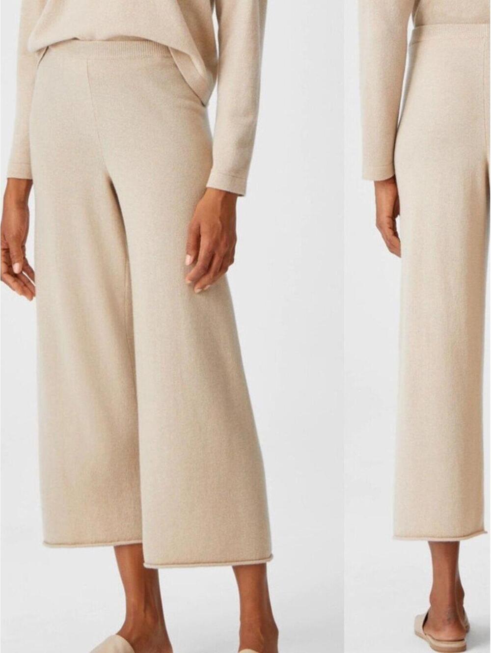 Eileen Fisher 100% Cashmere Knit Pants XL Sand Cropped Straight Leg NWT